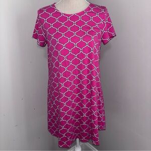 Crown & Ivy hot pink & white chain print knit cap sleeve shift dress size Small